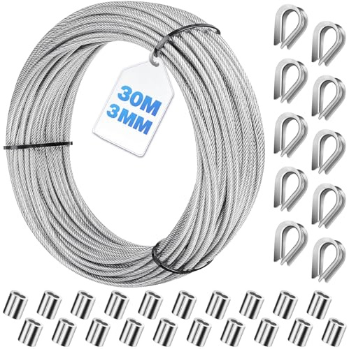 Bridokit 3mm Edelstahl Stahlseil Ummantelt Kit, 30m Drahtseil Rankhilfe Spanndraht mit 20 Aluminium-Crimpschlaufenhülsen und 10 Stahlkauschen zum Aufhängen, Bündeln, Garten-Draht für Kletterpflanzen