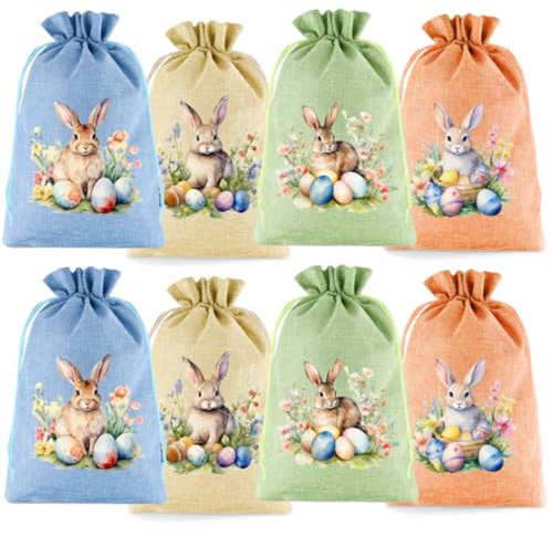 8 Stück Ostereiersuche-Taschen Jutebeutel Stoffbeutel mit Kordelzug Ostertaschen,15x20cm, Geschenksäckchen Taschen für Süßigkeiten Partyzubehör