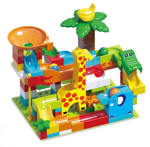MOVEBO Jungle Safari Kugelbahn Bausteine Set, 122 Teile mit Giraffe und Elefant, buntes Konstruktionsspielzeug für Kinder im Alter von 3-8 Jahren