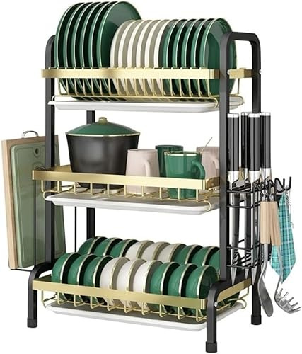 Escurridor de platos de acero inoxidable de 3 niveles, estante de almacenamiento multifunción para encimera de cocina