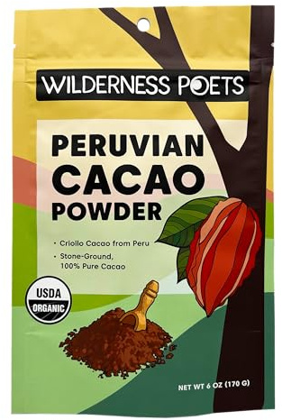Wilderness Poets, Organic Cacao Powder. Unsweetened, 100% Peruvian Heirloom Cacao (Criollo Variety) - 6oz - 170g