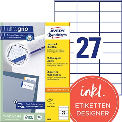 AVERY Zweckform 3479 Universal Etiketten (2.700 Klebeetiketten, 70x32mm auf A4, Papier matt, individuell bedruckbar, selbstklebende Aufkleber mit ultragrip) 100 Blatt, weiß