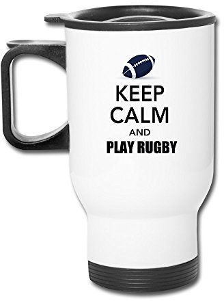 Keep Calm Play Rugby Aluminum White Travel Mug, 12 Ounces