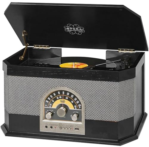 Trevi TT 1040 BT Stereo-Plattenspieler aus Holz mit MP3, USB, AUX-In, Bluetooth, AM/FM-Radio, Kopfhörerbuchse, Schwarz