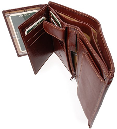 VISCONTI - Herren Leder Geldbörse Groß - Portemonnaie 11 Kartenfächer - Wallet mit Münzfach - RFID Schutz - Geschenkbox - Milan - MZ3 - Braun