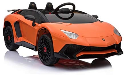 ES-TOYS Kinderfahrzeug - Elektro Auto Lamborghini Aventador SV - lizenziert - 12V7AH, 2 Motoren- 2,4Ghz Fernsteuerung, MP3, Ledersitz+Eva (Orange)