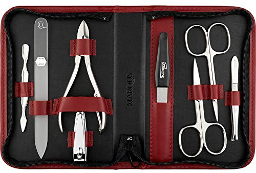 marQus Solingen Maniküre Set mit Nagel-Zange und Glasfeile 8 teilig - Nagelset in hochwertigem Lederetui - Vollwertiges Kit für Frau und Mann, Rot