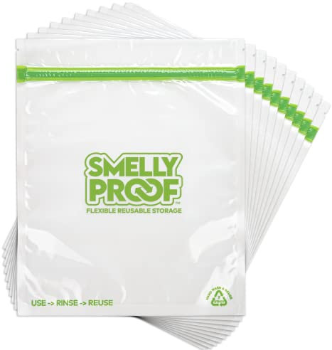 Smelly Proof Reusable Food Storage Bags Designed & MFG, USA MADE, Dishwasher-Safe, Easy-To-Clean, BPA FREE, NO PEVA, Clear FLAT Large 3-mil Thick, 8.5 x 10, Quart Size Ziplock Bags, 10-Pack