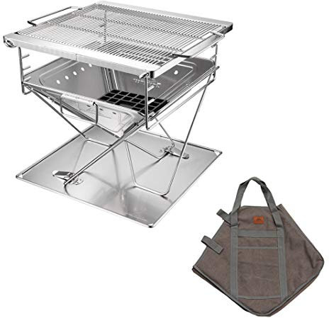Campingmoon MT-055 - Griglia a legna portatile in acciaio inox e braciere, 50,8 cm, con borsa per il trasporto