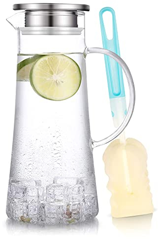 SUSTEAS 1.5 Liter Glaskaraffe, Karaffe mit Deckel, Eistee Krug Wasserkrug heißes kaltes Wasser Eistee Wein Kaffee Milch und Saft Getränkekaraffe wasserkaraffe