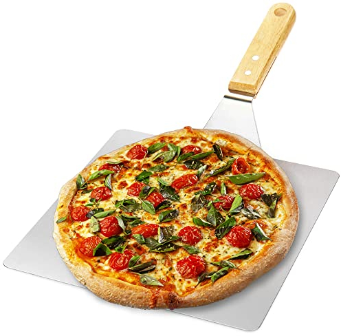 com-four® pelle à pizza en acier inoxydable - pelle à pizza et à gâteaux avec manche en bois - poussoir à pizza pour pizza, tarte flambée, petits pains et pain (argent/marron - angulaire)