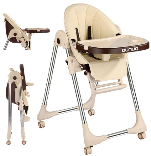 OUNUO Trona para Bebe Evolutiva, Trona para bebés Plegable con bandeja extraíble, Tronas bebe Ajustable 5 Alturas, 4 ruedas, Beige