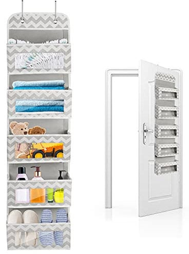 Over Door Hanging Storage 5 Clear Window Pockets, Unisex Foldable Door Hanger Organizer with 2 Hooks, Wall Storage for Pantry Baby Bedroom Nursery Decor Closet Organizers Toys, Wallets, Keys, Grey