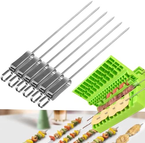 KJH-T Barbecue Skewers, 6-Pack 18 inch Stainless Steel Grilling Skewers with Slider, Reusable Metal BBQ Shish Kebab Skewer Sticks with Kebab maker