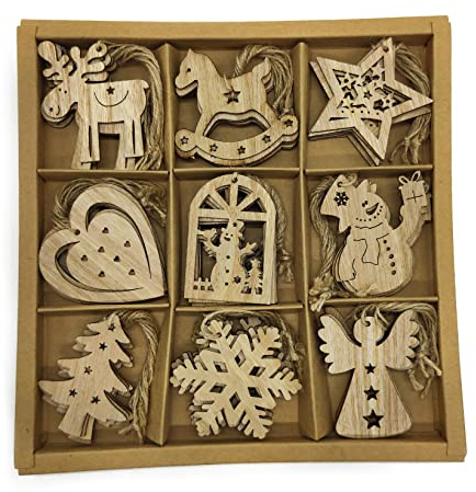 DARO DEKO Holz Dekohänger 6 x 7cm Mix 54 Stück Anhänger Weihnachtsbaum Christbaumschmuck Natur braun
