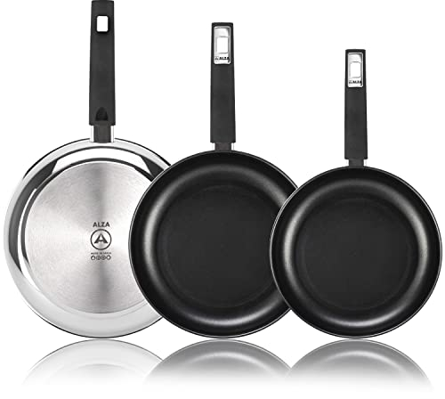 ALZA Classic - Set Sartenes 20+24+28cm, Acero Inoxidable, Antiadherente Tricapa Libre de PFOA, Todo Tipo de Cocinas, Inducción, Perfil Sirve-Fácil