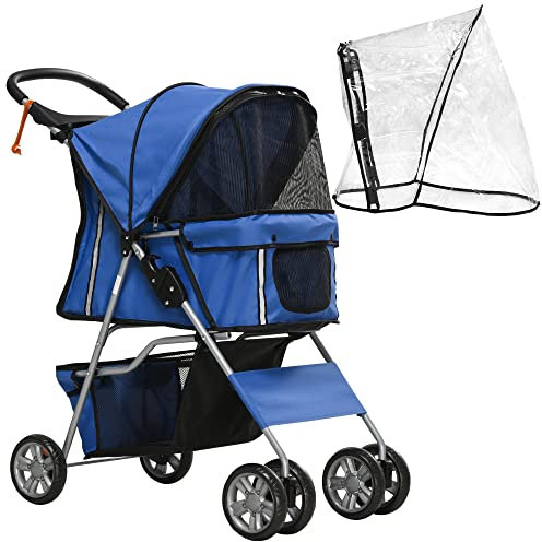 PawHut Hundebuggy, Hundewagen mit Regenverdeck, faltbarer Hundetrolley bis 10 kg, Katzenbuggy für kleine Hunde mit Netzfenster, Katzenwagen, Blau, 75 x 45 x 97 cm