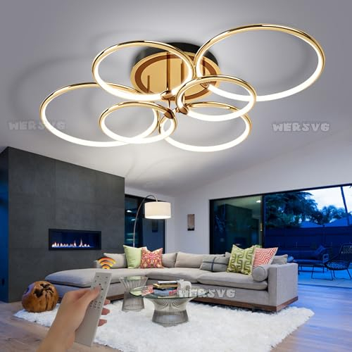 Modern LED Deckenleuchte 144W Dimmbar Deckenlampen 8900LM Gold 6-Ring Design Wohnzimmer lampe mit Fernbedienung 3000K-6000K, Aluminium Led Beleuchtung für Wohnzimmer Schlafzimmer Esszimmer Büro 110cm