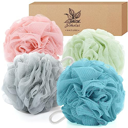 Wokelai Shower Puff 4-Pack, 60g Premium Bath Sponge for Women, Men & Kids - Exfoliating Loofah for Silky Smooth Skin, Durable Mesh Pouf Ball for Luxurious Shower Experience