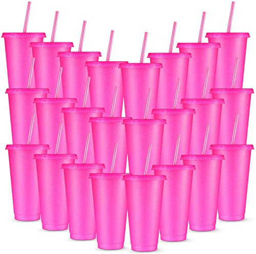 Amyhill 24 Pcs Reusable Cups with Lids and Straws 24 oz Glitter Iced Coffee Tumbler Plastic Travel Mug Cup for Smoothie Juices Birthday Sleepover Party Supplies for Girls(Hot Pink, 24 Pcs)