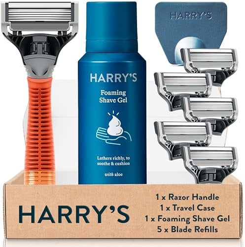 Harry’s Nassrasierer für Männer – Rasier-Set mit orangefarbenem Griff, 5 Ersatz-Rasierklingen, Reise-Klingen-Cover, 60ml Rasiergel Rasierer, Rasierklingen, Rasierklingen für Herren, Rasier Klingen