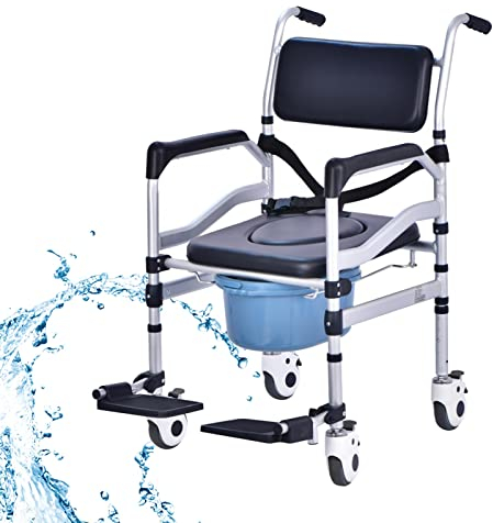 Rollbarer Duschstuhl mit Rollen, wasserdichter Rollstuhl, rollender Toilettenstuhl, 150 kg Gewicht, Duschtransportstuhl mit feststellbaren Rollen und gepolstertem Sitz