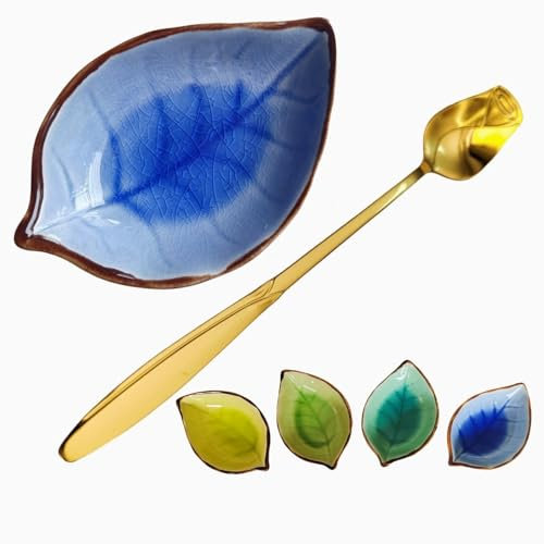 TOPYOKK Coffee Spoon and Rest Set, Leaf Shaped, Ice Cracks Sapphire with Gold Rose Spoon, 1 PC
