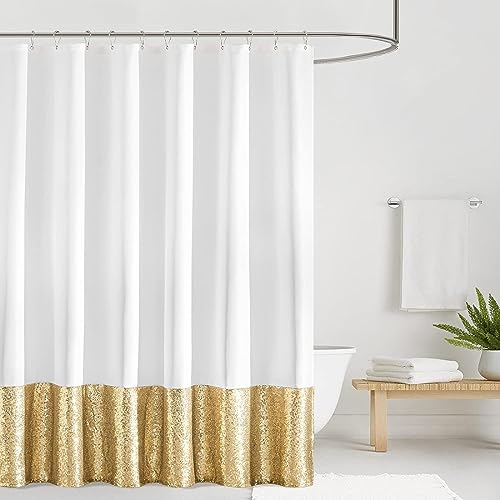 Tizhweqo Rideau de Douche Or Blanc Rideau Douche Anti Moisissure Or Blanc 3D Rideau Salle de Bain Tissu Polyester pour Baignoire, Rideaux de Douche 180x200 avec 12 Crochets