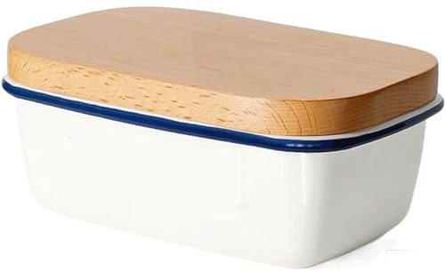HSHTTKL Enamel Butter Dish with Wooden Lid Square Butter Box Cheese Storage Box for Countertop and Refrigerator