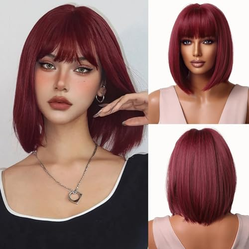 Esmee Kurze Gerade Weinrote Bob Perücken mit Pony Schulterlänge Burgunder Perücke Synthetik Cosplay Perücken für Frauen