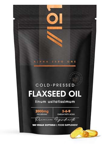 Flaxseed Oil 2000mg – 180 Vegan Softgels – Cold-Pressed with Omega 3-6-9 - Pure & Potent Linum Usitatissimum - Resealable and Recyclable Pouch By Alpha01