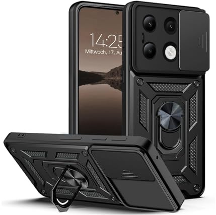 LBH Armor Hülle für Xiaomi Redmi Note 13 Case mit Kameraschutz Outdoor Stoßfest Handyhülle 360 Grad Metal Ring Halter Ständer Schutzhülle für Handyhalterung Auto Magnet Schwarz