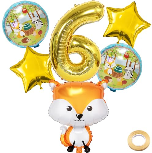Kawailay 6. Fuchs Geburtstag Deko Waldtiere 6. Geburtstag Deko Ballons Fuchs Folienballon Gold Zahl 6 Luftballon für Junge Mädchen Geburtstag Party Motto Party