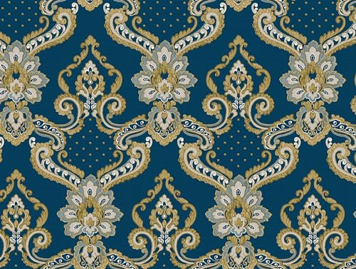 Galerie Opulence Collection Navy/Blue/Gold Italian Damask Vinyl on Non-Woven Glitter/Shimmer Wallpaper Roll Double Width