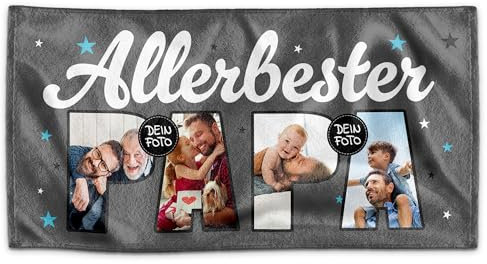 PR Print Royal Personalisiertes Handtuch - Allerbester Papa - Mit Foto-Collage für 4 Fotos Selbst Gestalten, Geschenke für Papa, Geburtstagsgeschenk, Vatertag | Fotohandtuch, 140 x 70 cm