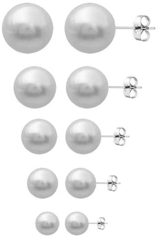 Zeayebsr 5 Pares Pendientes de Botón para Mujer en Plata de Ley 925 con Perlas de Agua Dulce, Pendientes de Perlas Blanca, pendientes perla mujer，Clásicos Pendientes Plata Perlas (4-8mm)