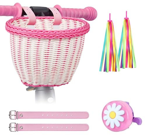 SVNR Kinder Fahrradkorb,Laufrad Korb Kinder,Fahrradkorb Geflochten aus Kunststoff-Rattan für Jungen und Mädchen, Einfach zu montieren,weich und formbar,mit Lederriemen, Klingel,Luftschlangen