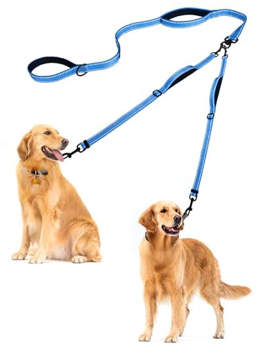 PetBonus Double Dog Leash, No Tangle Dual Leash, Reflective Walking Training Lead, 4 Comfortable Padded Handles for 2 Dogs with Collapsible Bowl and Waste Bags (Light Blue, Large)