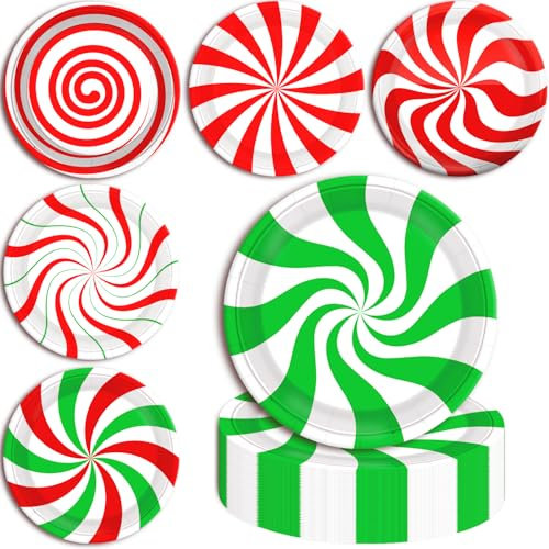 FZR Legend 60 Christmas Candy Party Paper Plates, 7 Inch Red White and Green Striped Xmas Theme Disposable Dessert Cake Plates Dinnerware for Christmas Holiday Supplies Decorations