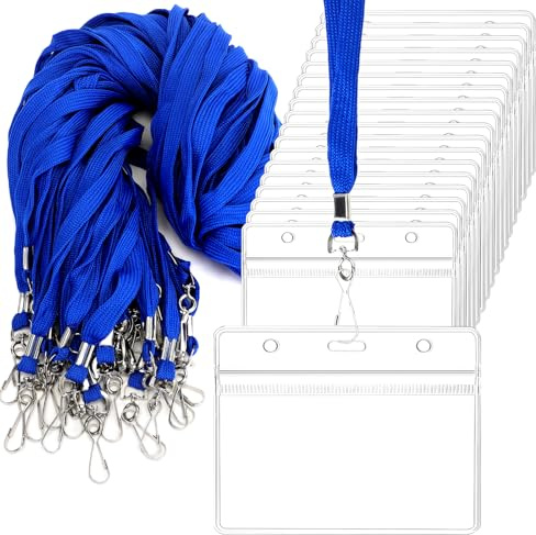 Zefphxs 50pcs Blue Lanyards for Neck with 50pcs Card Holder, Clear Badge ID Card Lanyards for Neck, Lanyard Card Holder for Name Badge Holder,ID Card,Keys Strap