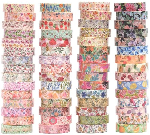 YUBX 60 rouleaux Fleur Washi Tape Set Ruban Adhésif Papier Motifs floraux Décoratif Maigre Masking Tape pour Scrapbooking Artisanat de Bricolage (été)