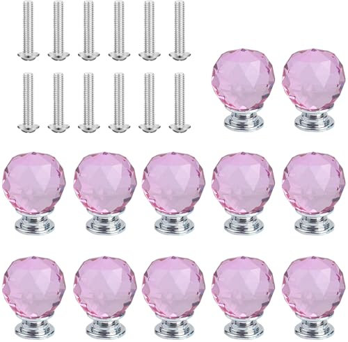 Roellgs 12PCS 30mm Round Clear Crystal Glass Cabinet Knobs, Cupboard Door Drawer Pull Handle with Screws for Home Kitchen Office Cabinet Drawer Decorating (Pink)