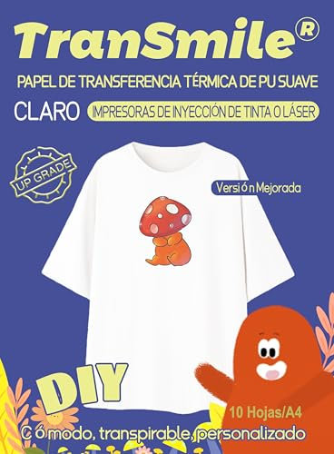 TRANSMILE-Papel de transferencia térmica, transfer paper para tejido claro,Versión mejorada, compatible con impresoras de inyección de tinta y láser (10 hojas, A4), ES-smile-2-3.0-10