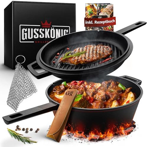 GUSSKÖNIG Dutch Oven - 2 in 1 Eingebrannter Gusseisen Topf 3L & Gusspfanne 1,5L - Cast Iron Pot mit Schmortopf Doppelfunktion - inkl. Kochbuch & Zubehör für BBQ, Camping & Küche