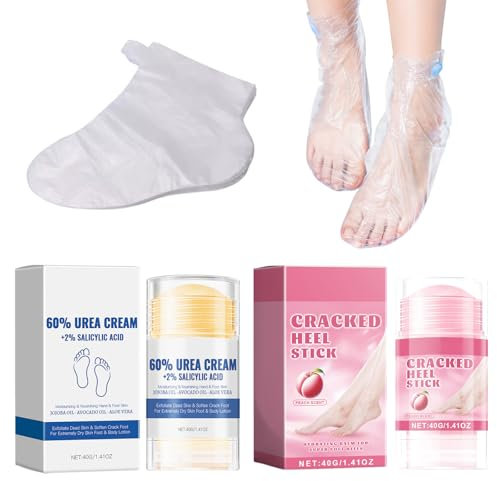 VARKAGE 2 Stück Foot Cream Stick und 5 Stück Fußmasken, Anti-Cracking Fußcreme, 60% Urea Fusscreme und Urea Repair Plus Fußcreme, Fusscreme sehr Trockene füsse Hornhaut, Feuchtigkeitsspendende & Rissf