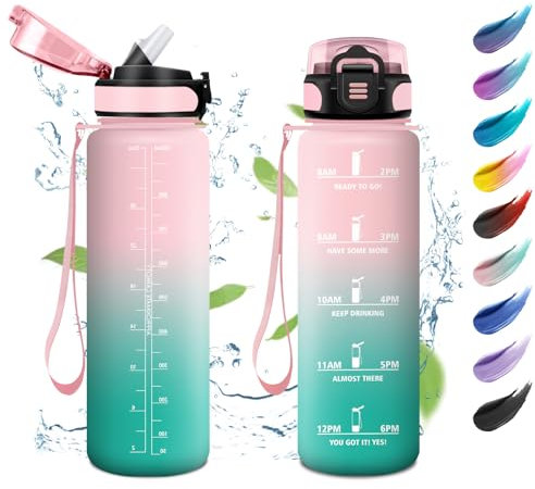 Borraccia Sportiva 1 Litro, Bottiglia Acqua con Indicatore del Tempo, con Cannuccia, Borraccia Motivazionale a Prova di Perdite, Facile Pulizia, Borraccia Palestra per Campeggio, Corsa, Viaggio