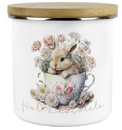 Purely Home Bunny Rabbit Hot Chocolate Canister - Teacup Bunny Medium Metal/Enamel Hot Drinks Kitchen Storage Container Gift
