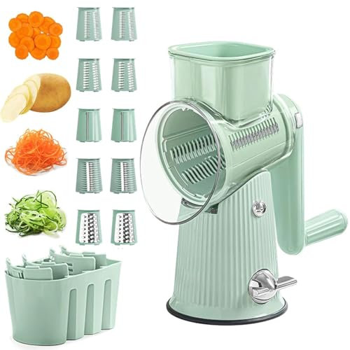 Ivyever Cheese Grater, 5 in 1 Käsereibe mit Kurbel, Manuelle Trommelreibe Set, Rotary Käsehobel aus Edelstahl, Gemüsehobel mit 5 austauschbaren Trommelklingen für Käse, Karotte, Kohl (Grün)