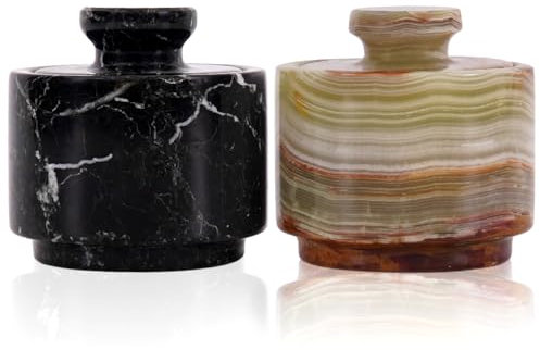 MARBLOUS KRAFTS Marble Salt Cellar 3 Inch Black Zebra & Green Onyx Celtic Salt & Pepper Bowls with Lid For Home & Kitchen, Ideal Sugar & Coffee Storage Container