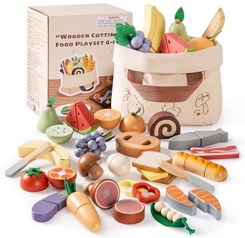 ROBOTIME Set de alimentos de madera para niños, juguete de cocina para cortar - Juguetes de comida realistas para niños con bolsa de almacenamiento, regalo de juego de rol educativo para niños y niñas